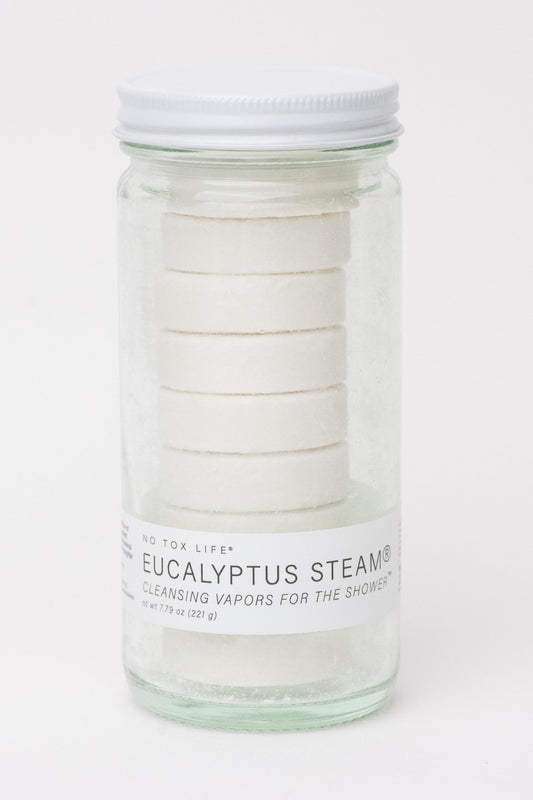 Jar of No Tox Life eucalyptus steam cleansing vapor tablets on a white background