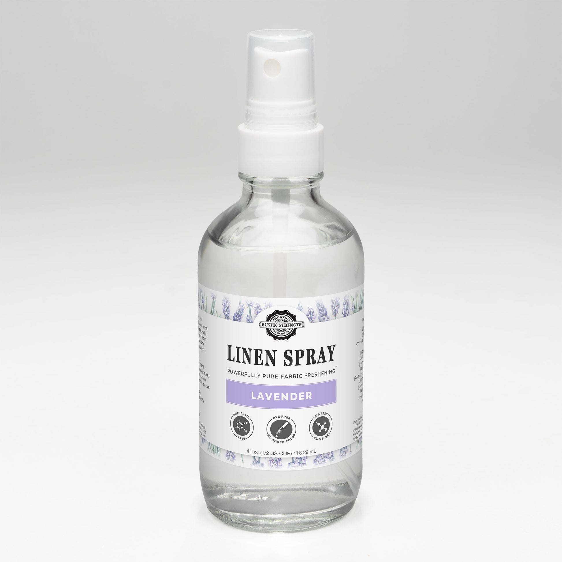 Rustic Strength Linen spray bottle with lavender scent on a white background
