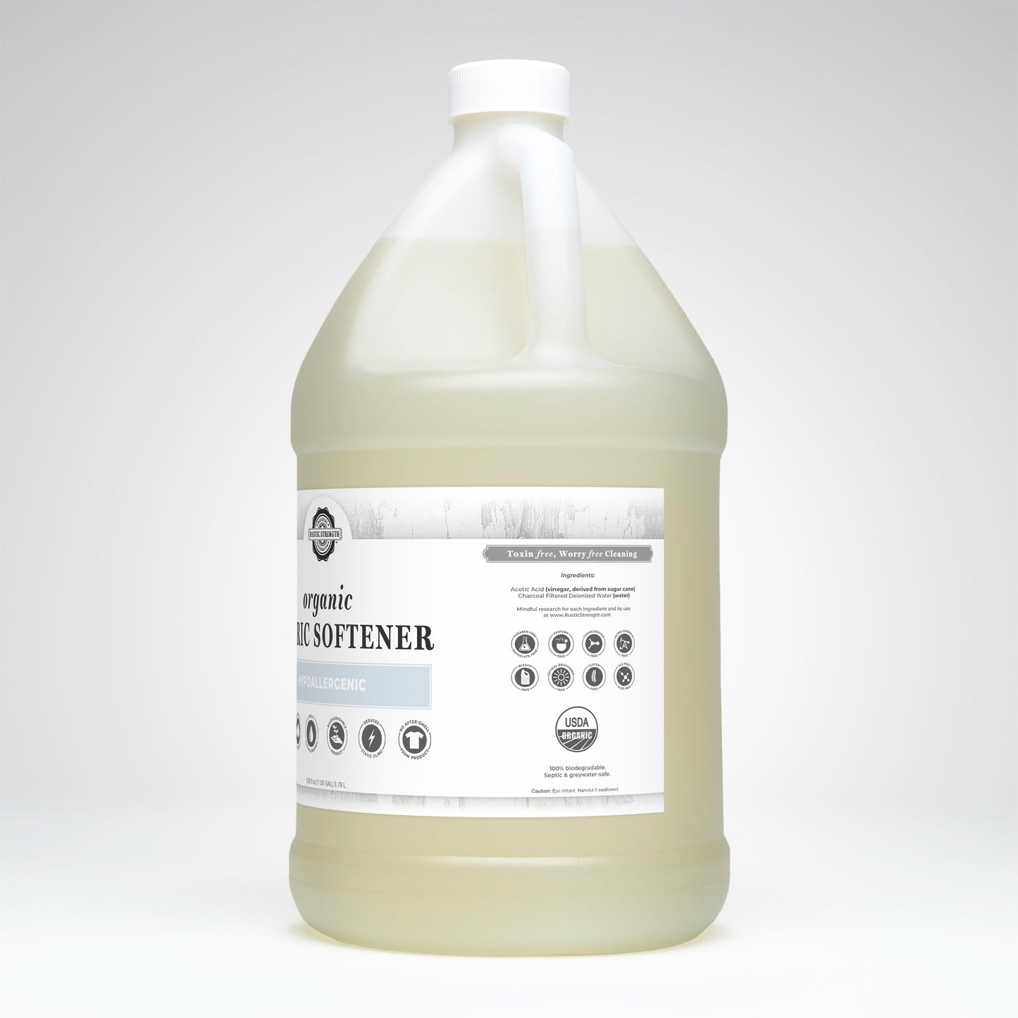 Gallon bottle of fabric softener on a white background