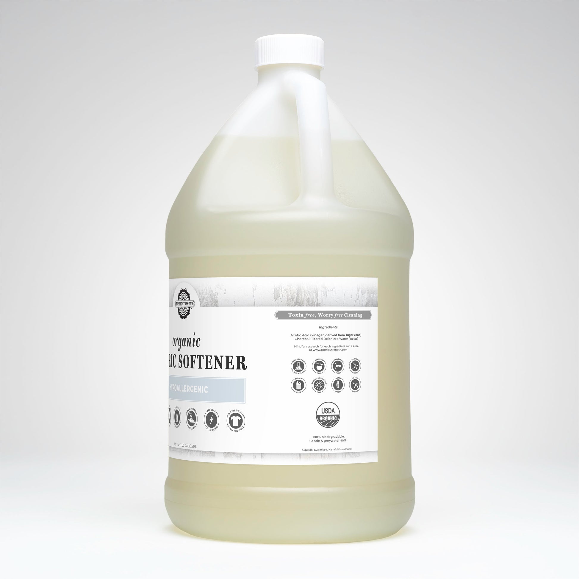 Gallon bottle of fabric softener on a white background