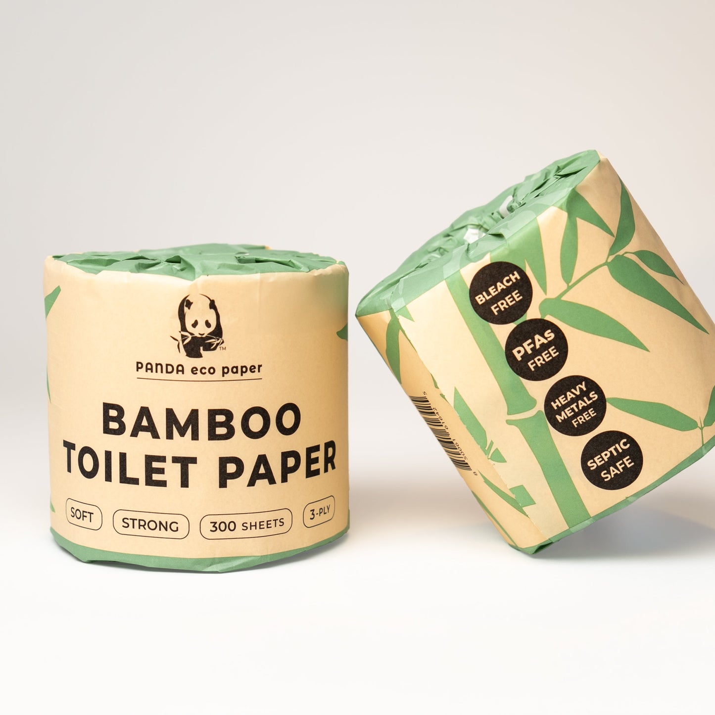 Two rolls of Panda Eco Paper Bamboo Toilet Paper on a white background
