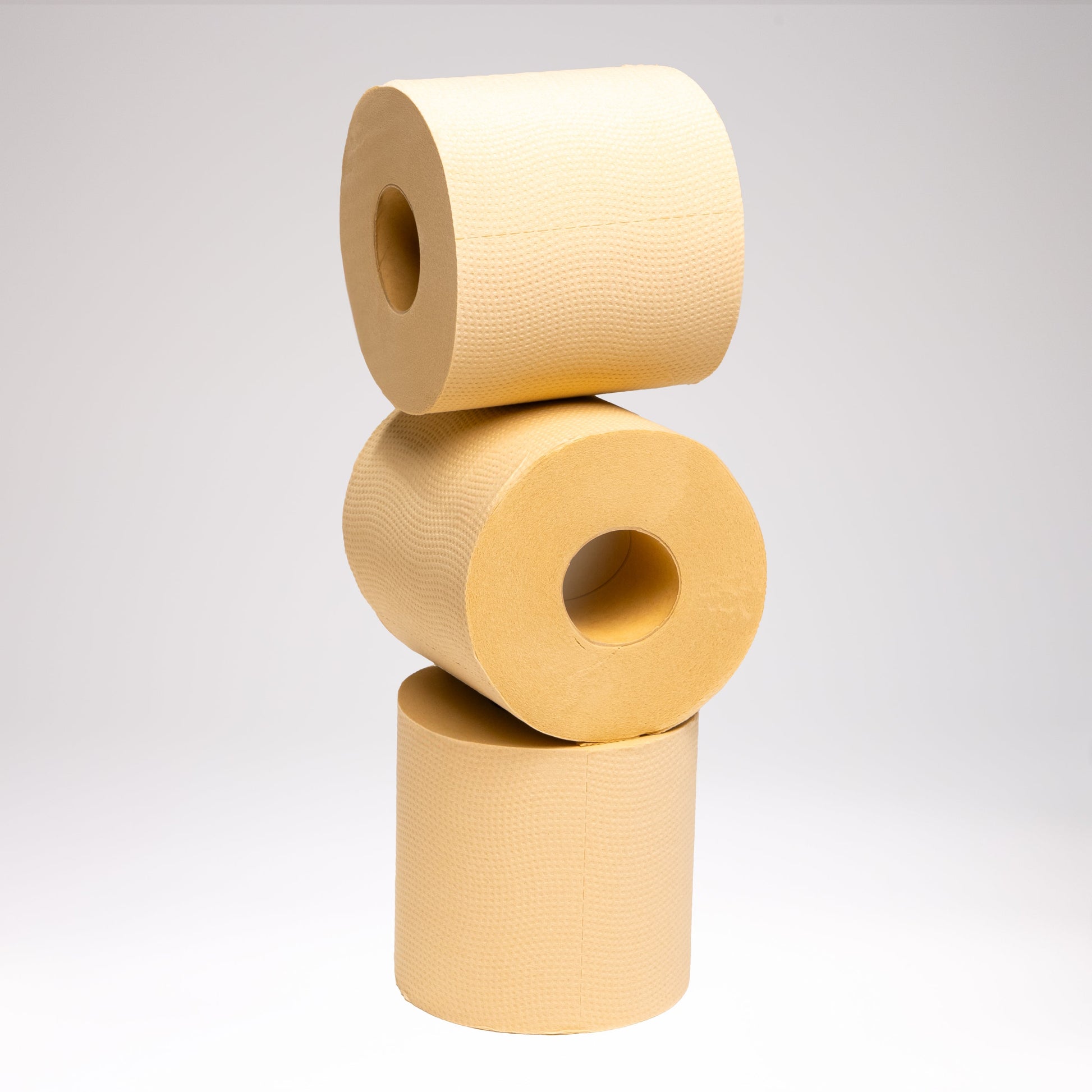 Three beige Panda Eco Paper Bamboo Toilet Paper rolls stacked on a light gray background