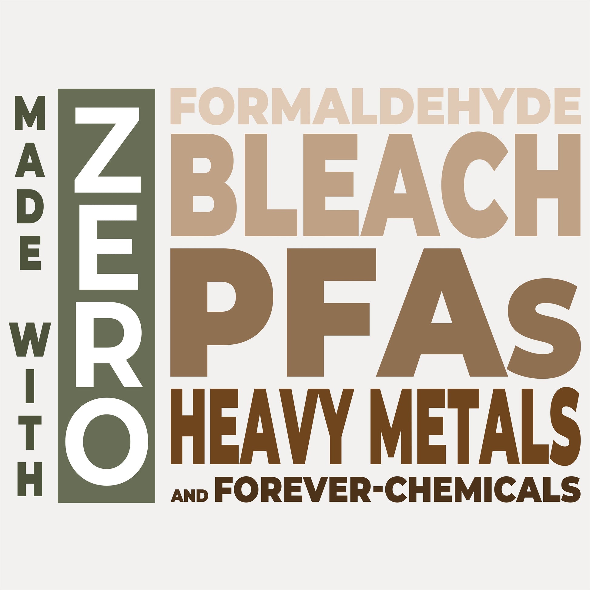 Text on a white background highlighting Made with Zero formaldehyde, bleach, PFAS, heavy metals, and forever-chemicals.