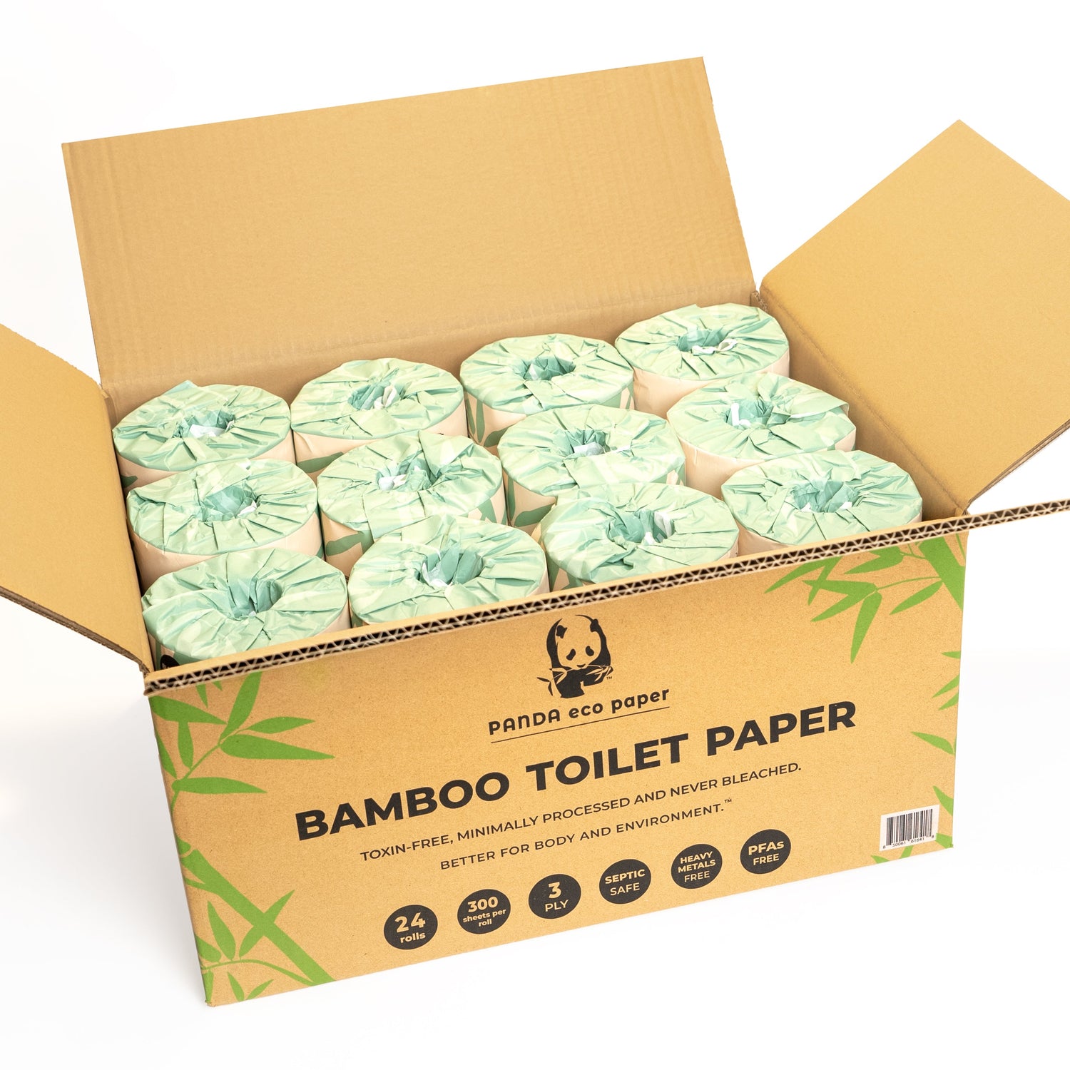 Box of Panda eco paper bamboo toilet paper with green rolls on a white background