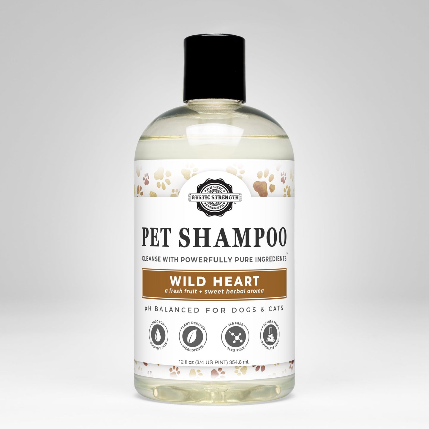 Bottle of pet shampoo with a label on a gray background