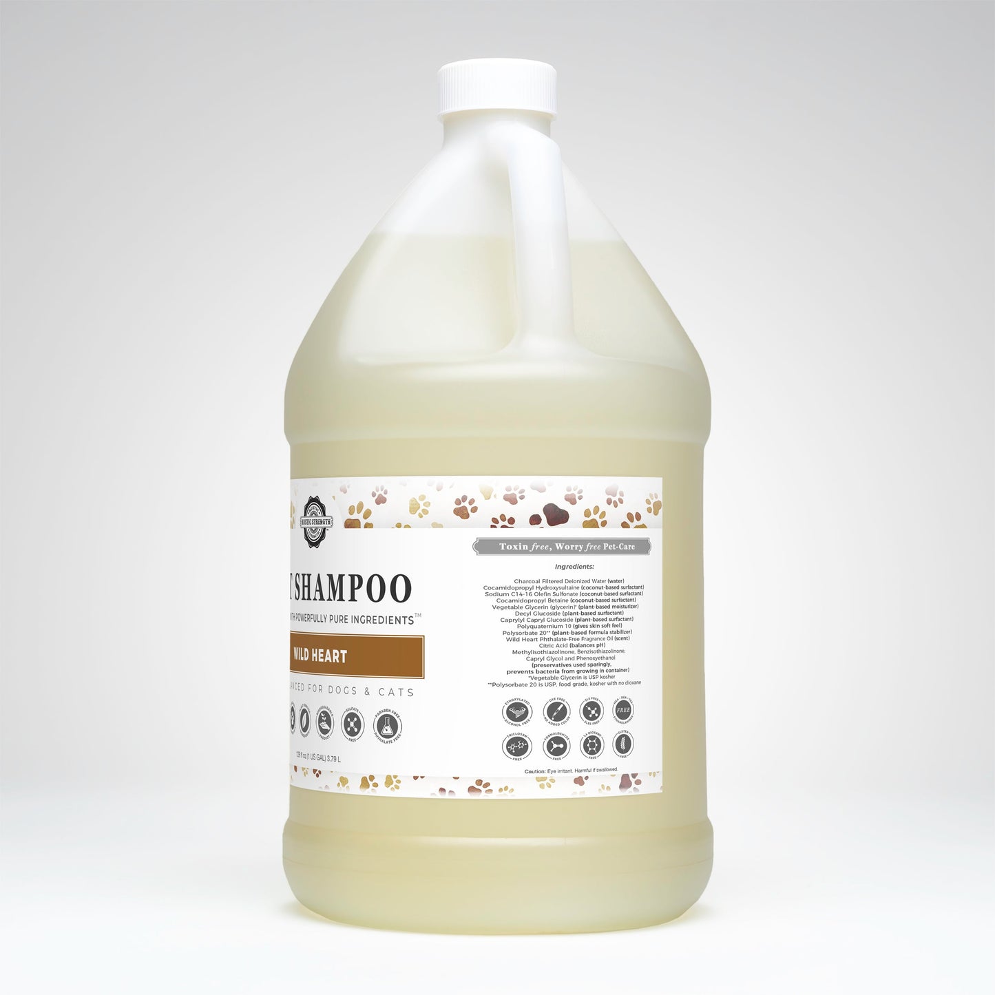 Gallon bottle of dog shampoo with a label on a white background