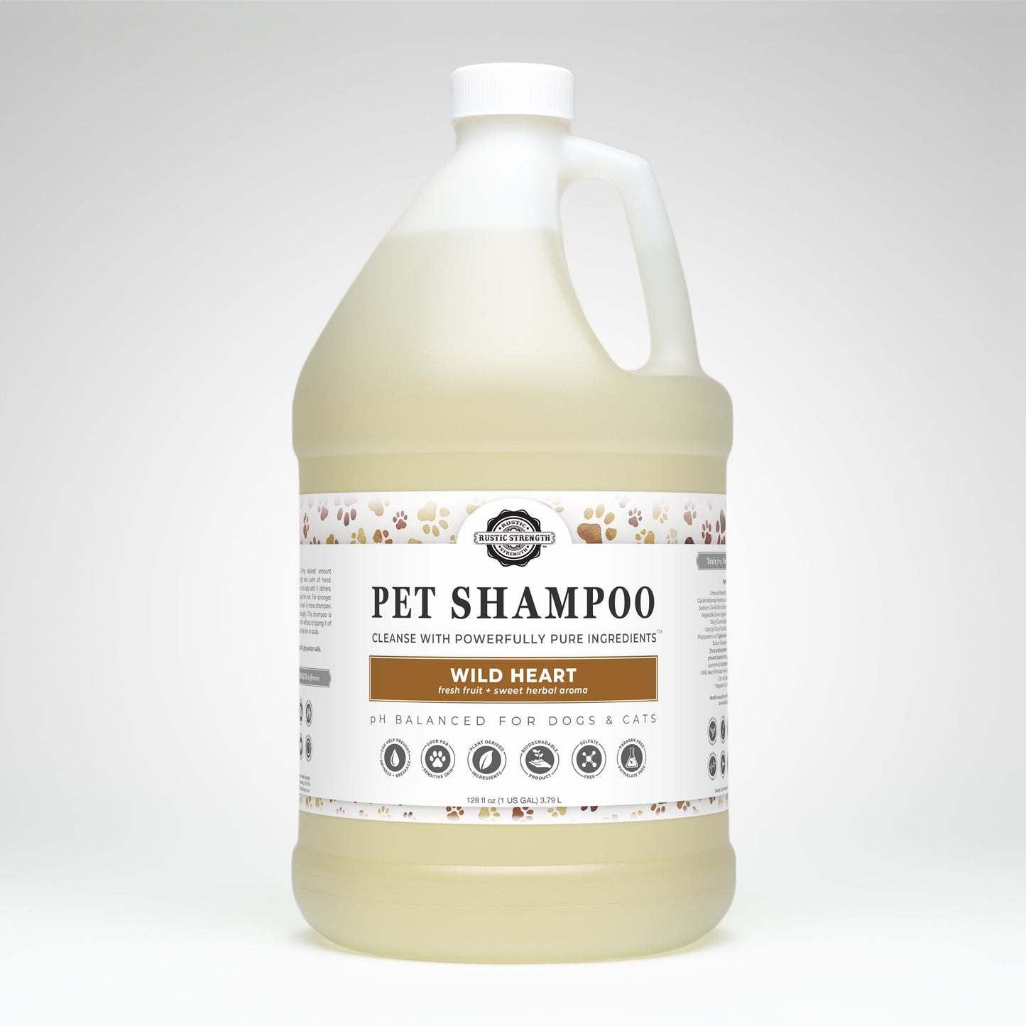 Gallon bottle of pet shampoo with a label on a white background