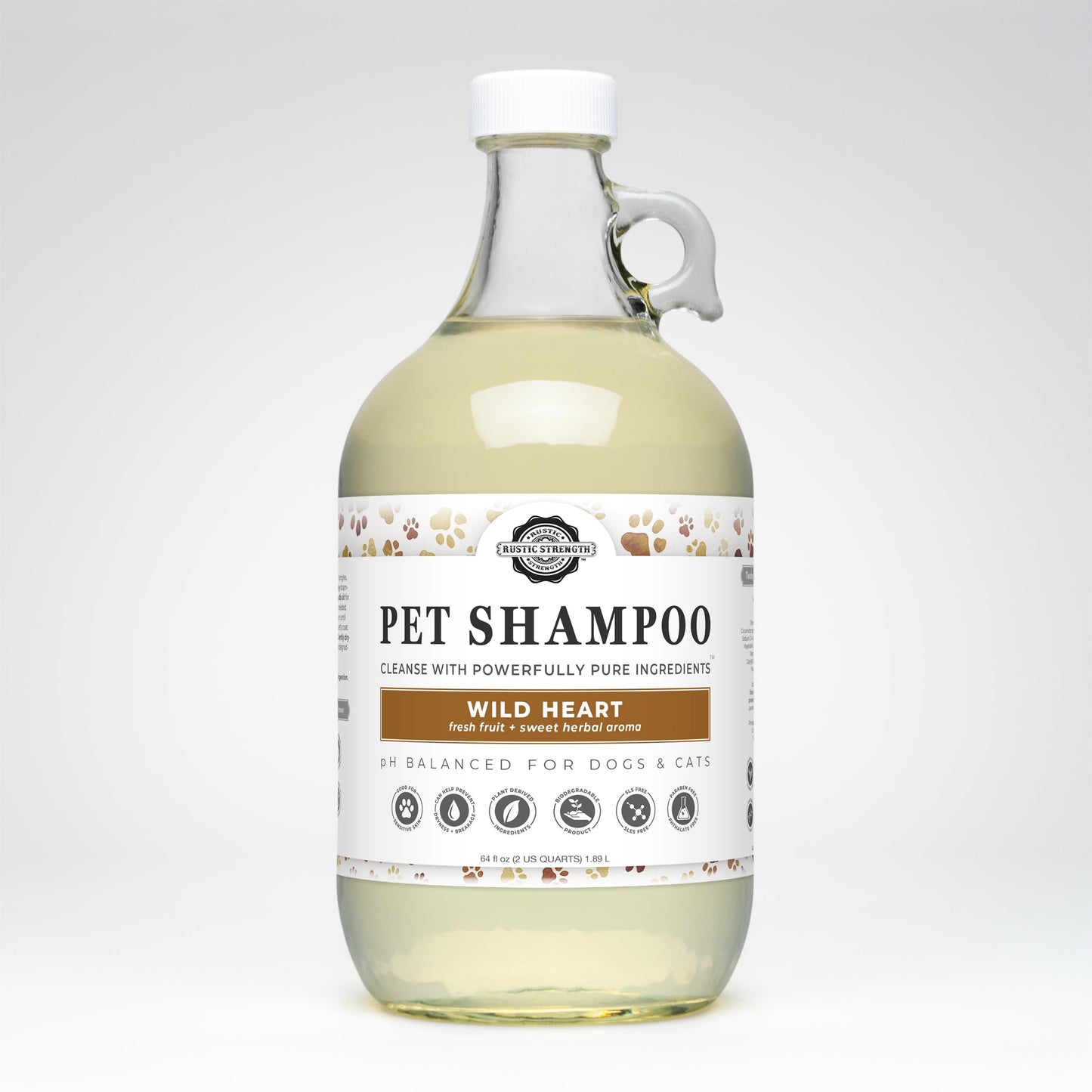 Pet shampoo half gallon bottle with label on a white background