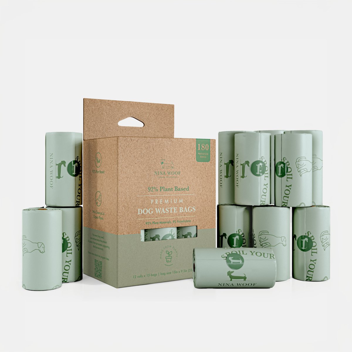 Dog waste bags with paper packaging for the 180-pack on a white background