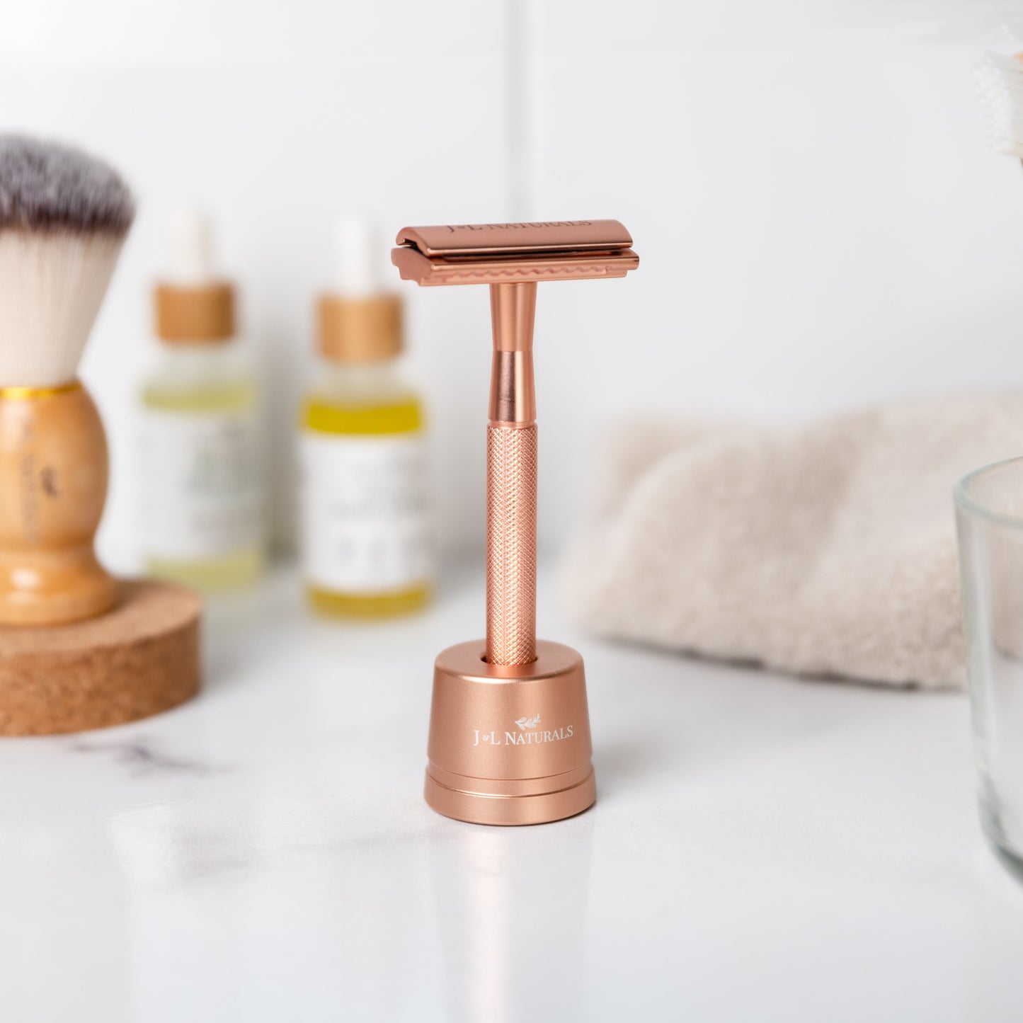 J&L Naturals Razor Set & Stand - Rose Gold