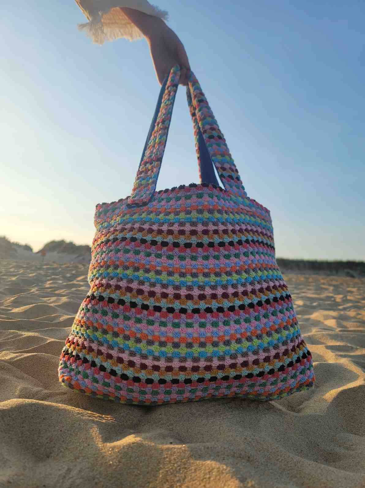 Colorful Handwoven Turkish Cotton Beach and Everyday Tote – Artisan-Made & Travel Ready - on a sandy beach with a clear sky.