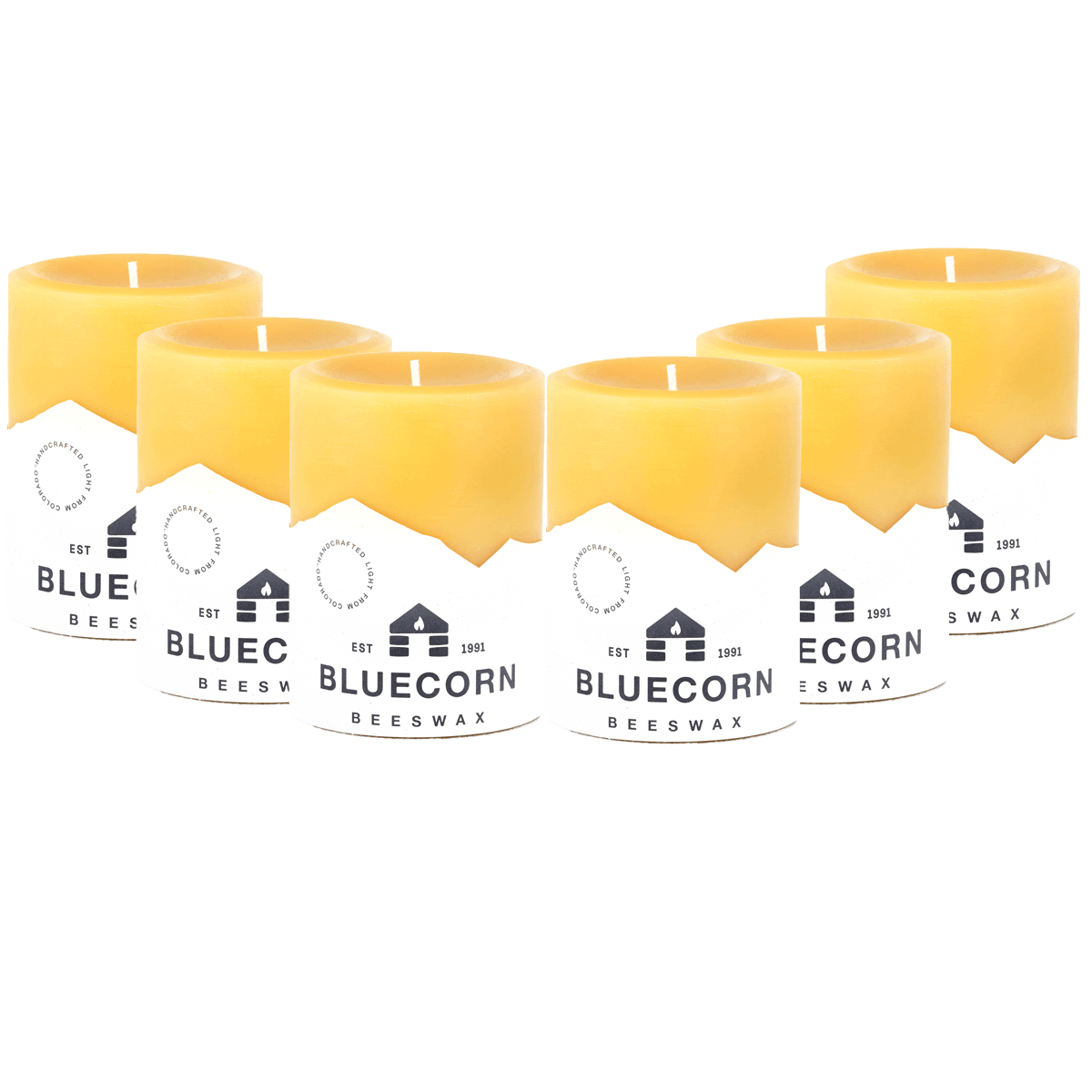 Set of six yellow candles with 'Bluecorn Beeswax' packaging on a white background