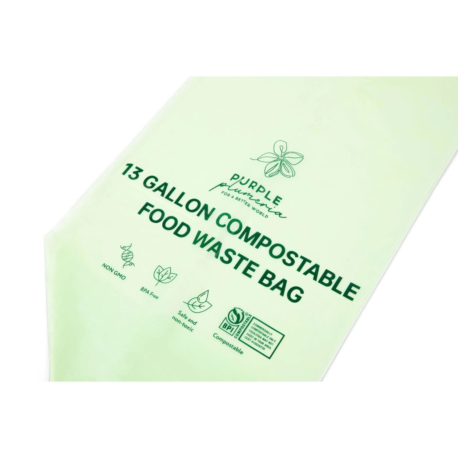 Green Purple Plumeria 13-gallon compostable food waste bag on a white background