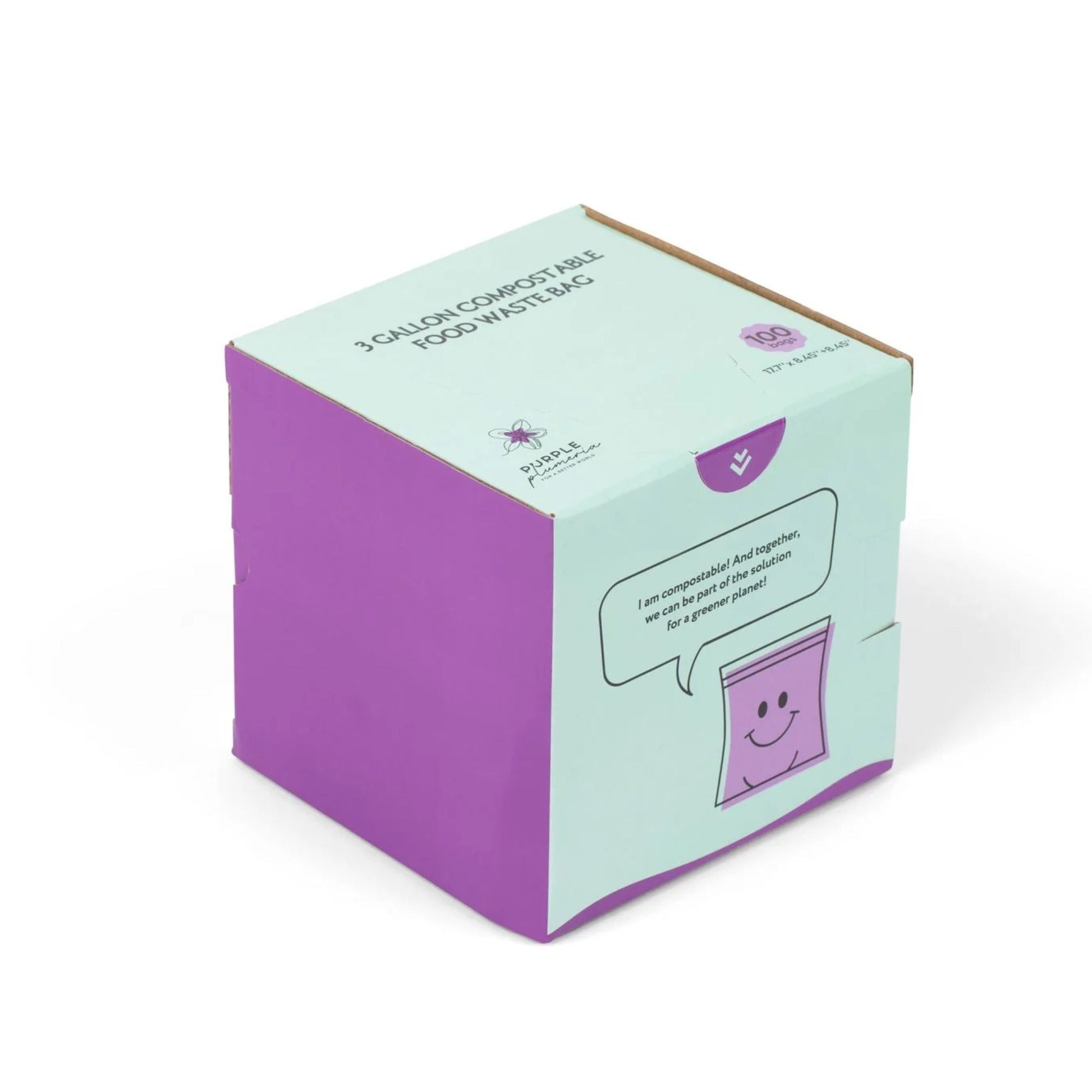 Box of 100 Puple Plumeria compostable food waste bags with a purple and light green design on a white background