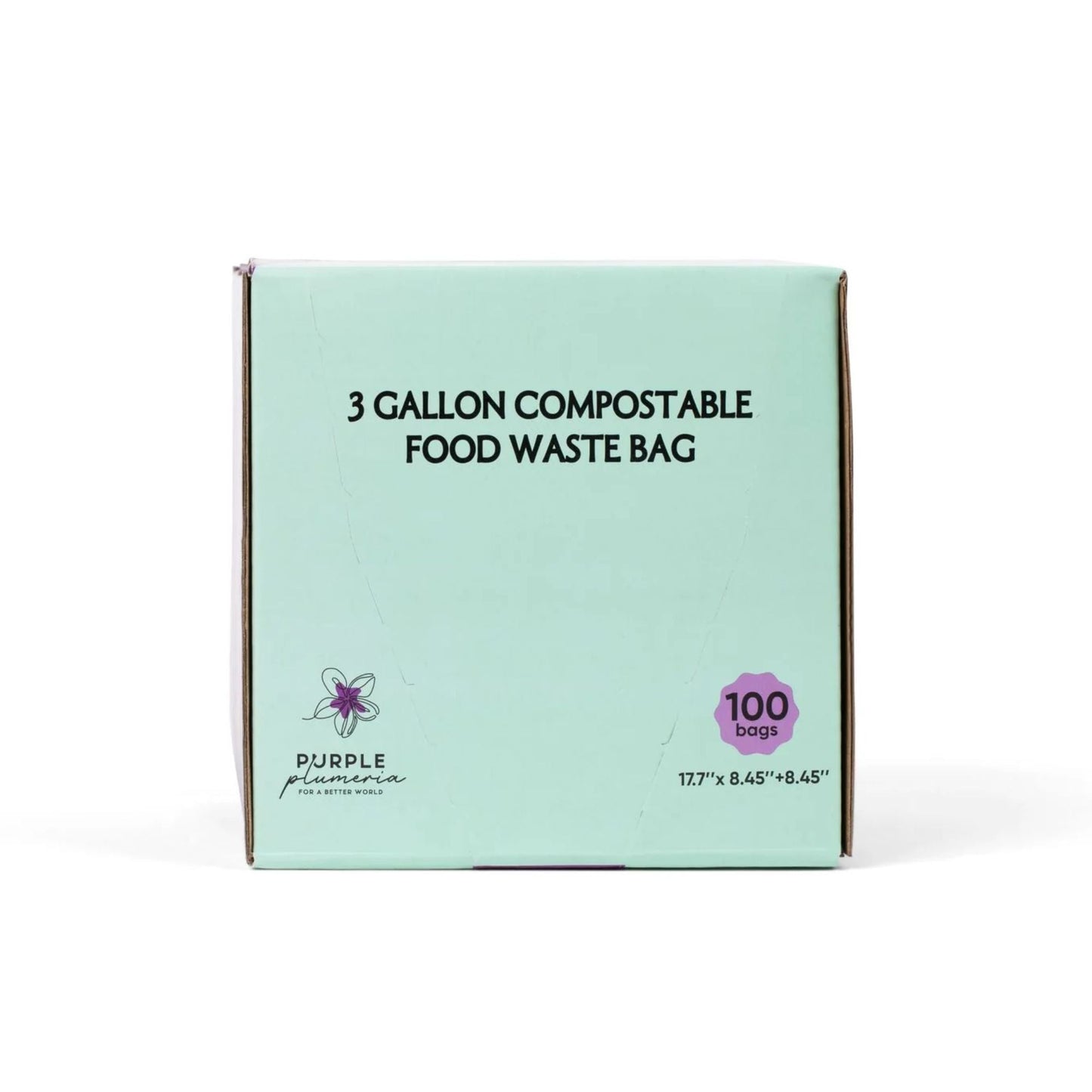 Box of 100 3-gallon Purple Plumeria compostable food waste bags on a white background