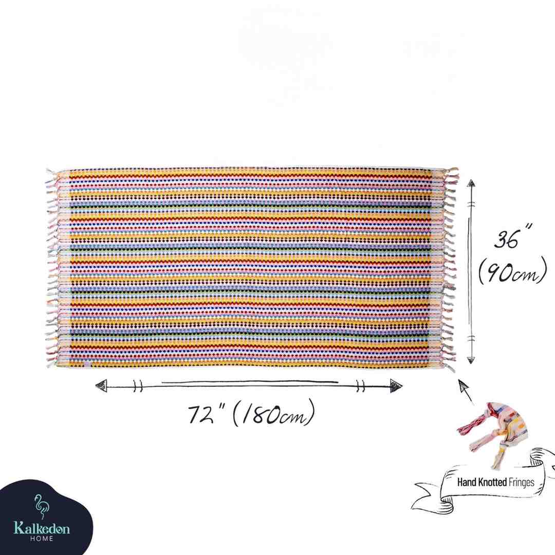 Rainbow Premium Organic Turkish Jacquard Bath Towel with dimensions and Kalkedon brand logo