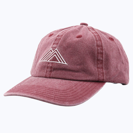 Rainier Watch Vintage Wash Dad Cap in Maroon with a white mountain logo on a white background