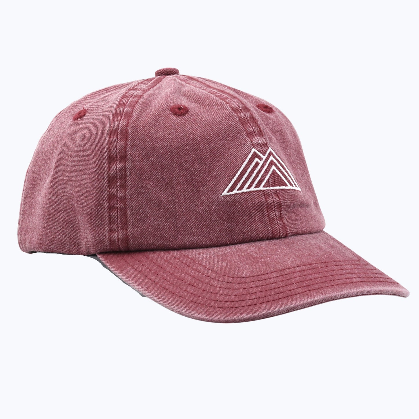 Rainier Watch Vintage Wash Dad Baseball Cap in Maroon with a white mountain logo on a white background