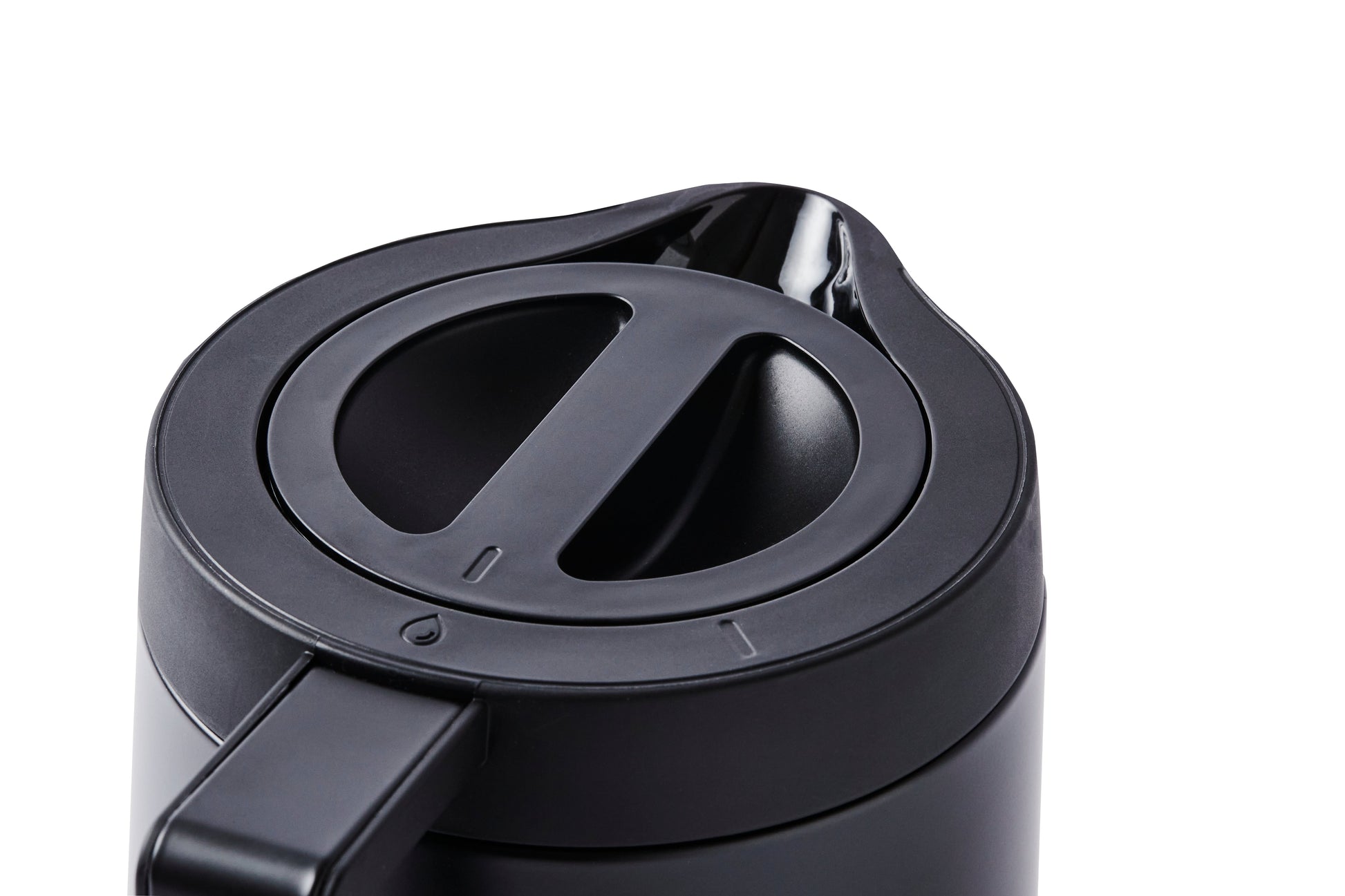Closeup of the carafe for the Ratio Six Series 2 Coffee Maker in Black on a white background