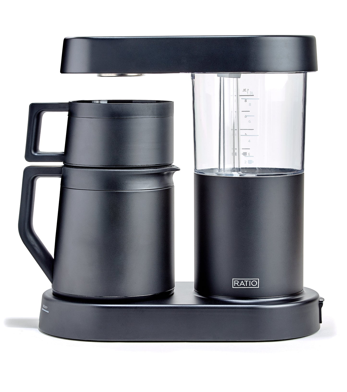 Side view of the Ratio Six Series 2 Coffee Maker in Black, including carafe and water tank on a white background