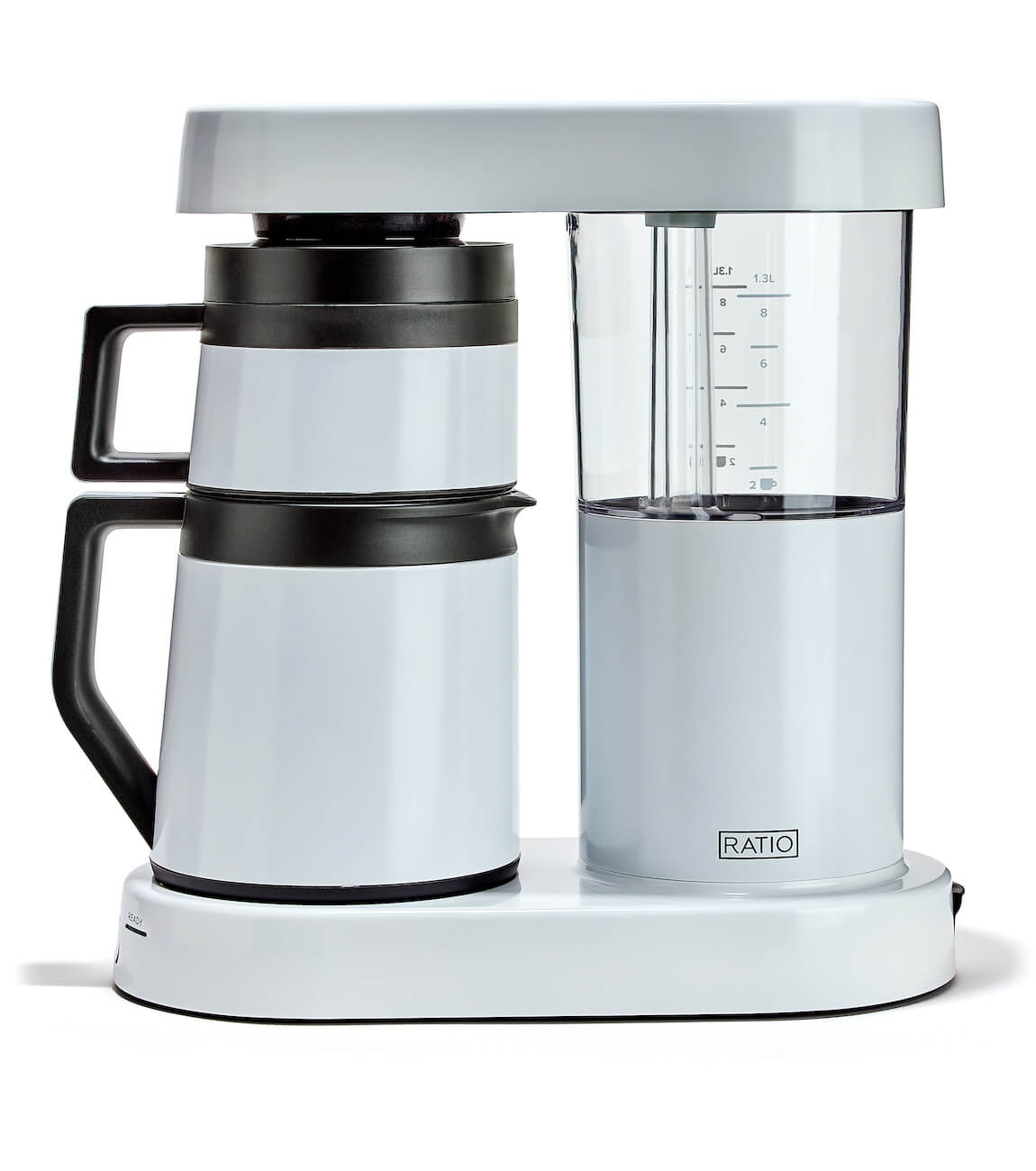 Side view of the Ratio Six Series 2 Coffee Maker in White, including carafe and water tank on a white background