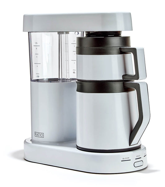 Ratio Six White Series 2 Coffee Maker with black accents on a white background