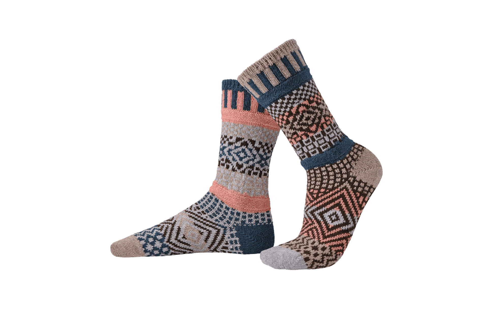 Pair of patterned, recycled merino wool blend crew socks by Solmate on a transparent background