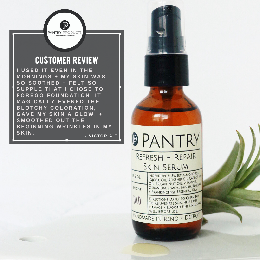 Pantry Refresh + Repair Skin Serum spray bottle with a customer review on a white background