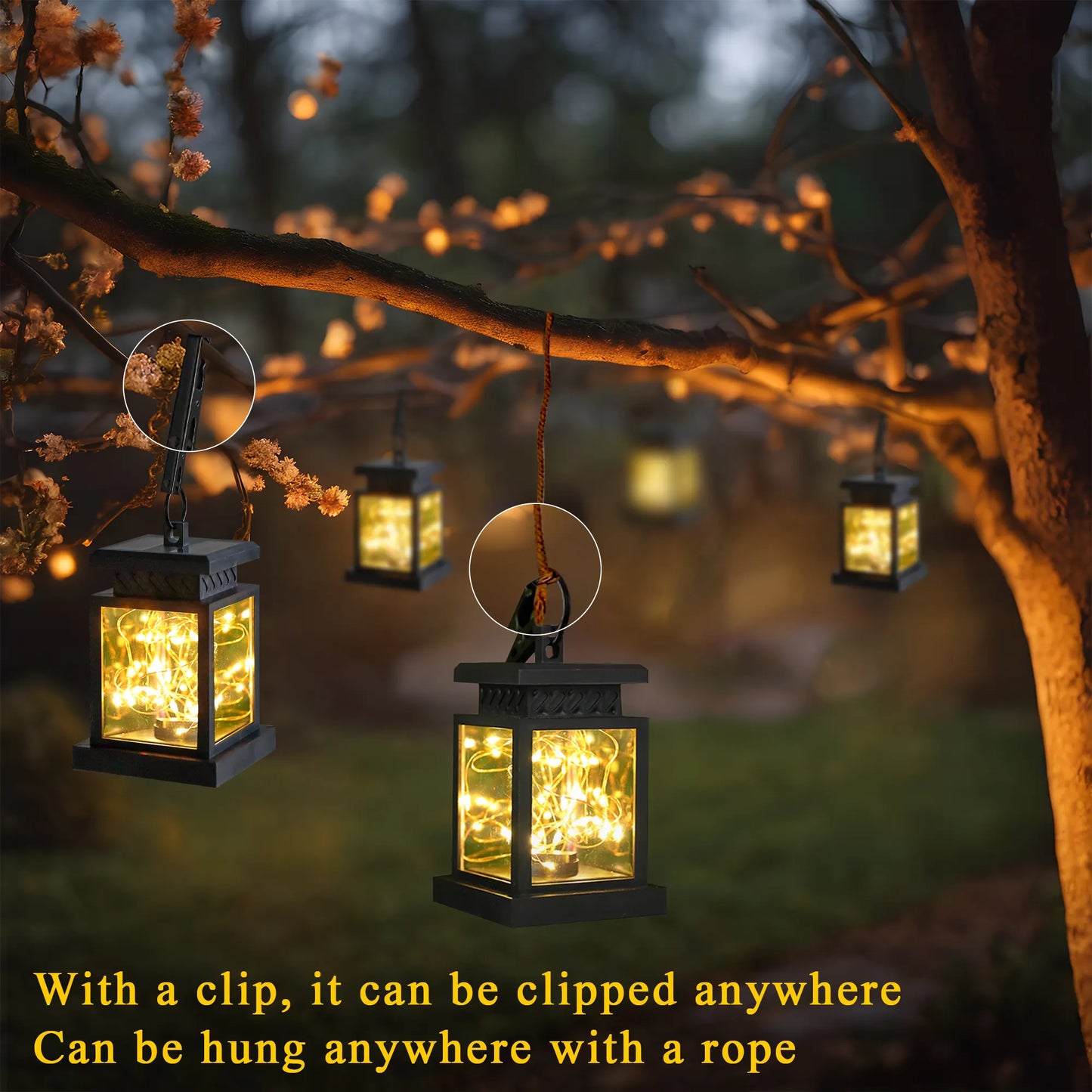 Decorative lanterns hanging from tree branches with glowing lights, set against a natural outdoor background.