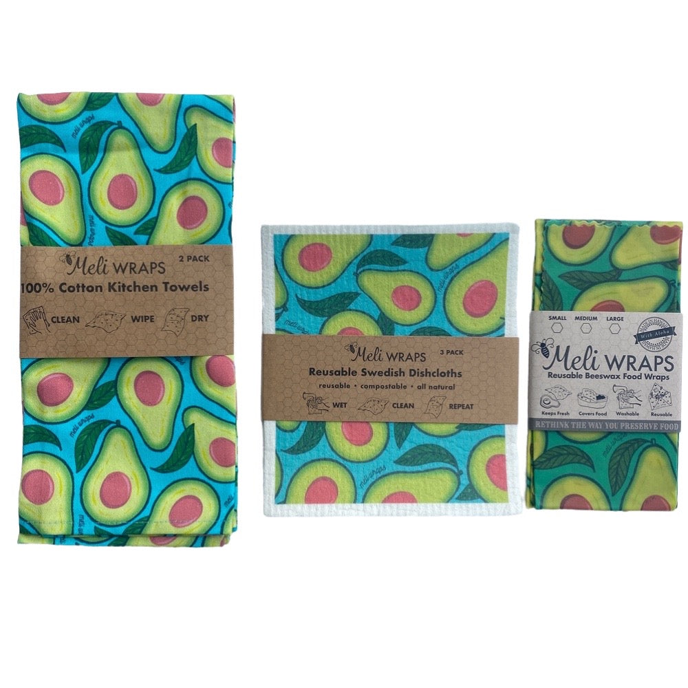 All-natural cotton kitchen towels, reusable swedish dishcloths and beeswax wraps