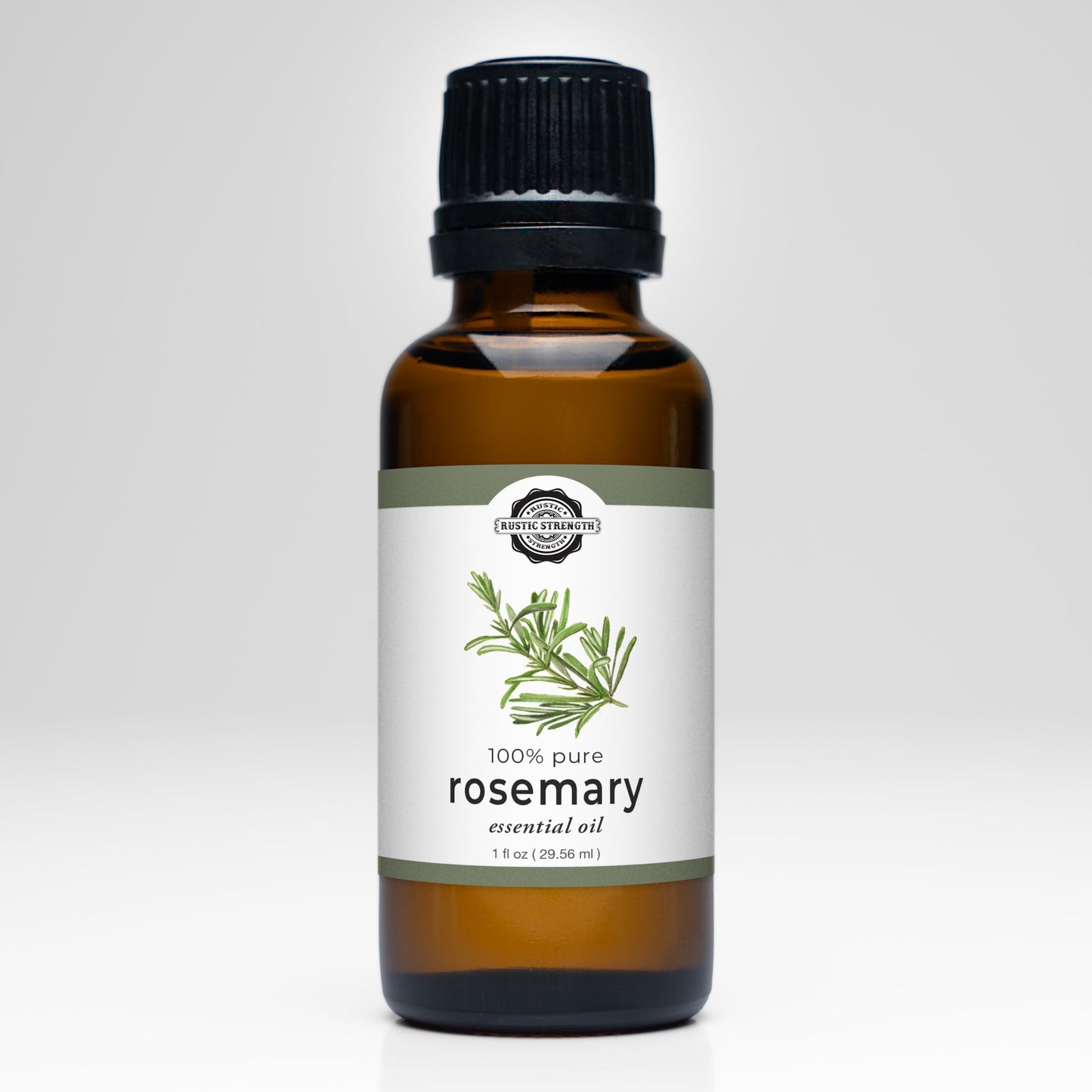 1 ounce bottle of 100% pure rosemary essential oil with a label on a white background