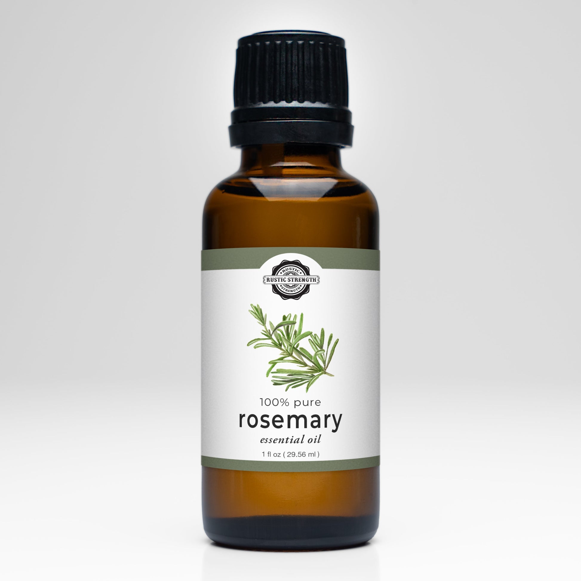 1 ounce bottle of 100% pure rosemary essential oil with a label on a white background