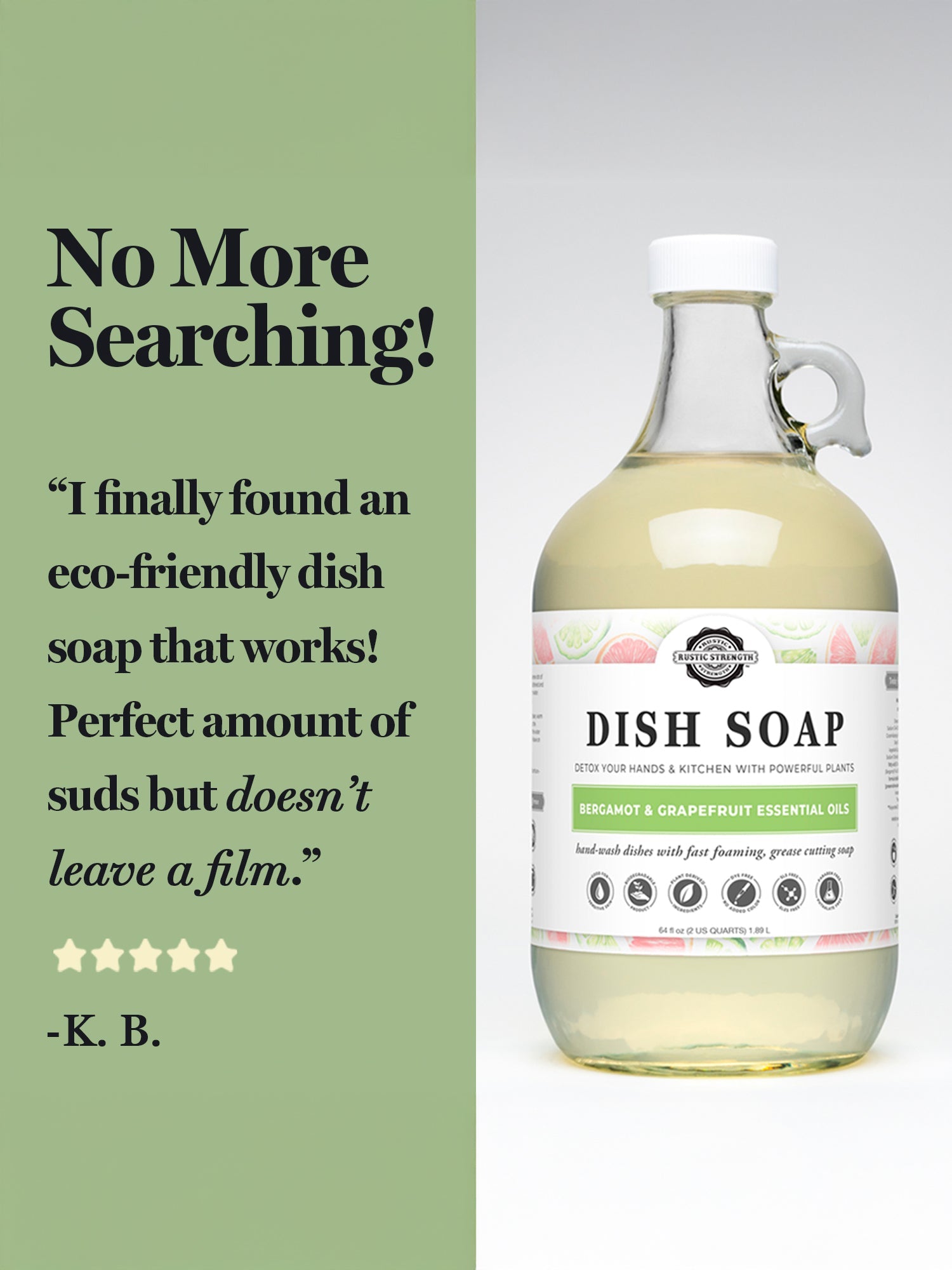 Bottle of Rustic Strength dish soap with a label on a gray background, featuring a five-star rating and customer review.