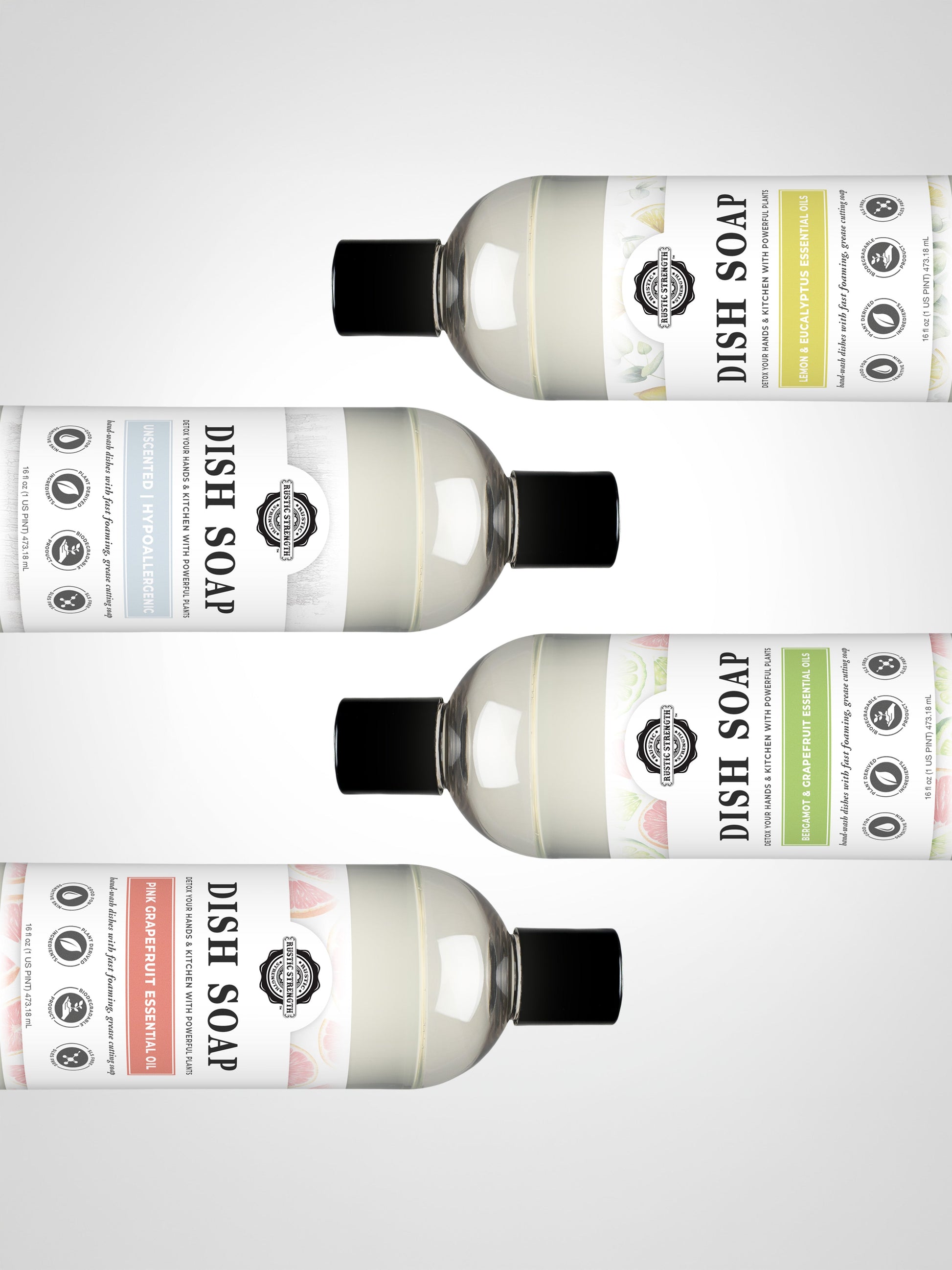 Four bottles of Rustic Strength Dish Soap with labels on a light gray background