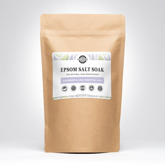 Rustic Strength Epsom Salt Soak with Lavender and Lime essential oils in paper packaging.