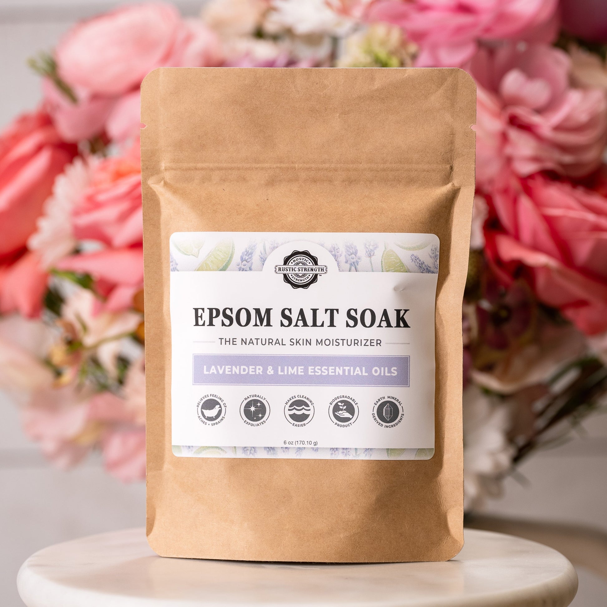 Epsom salt soak package with a floral background