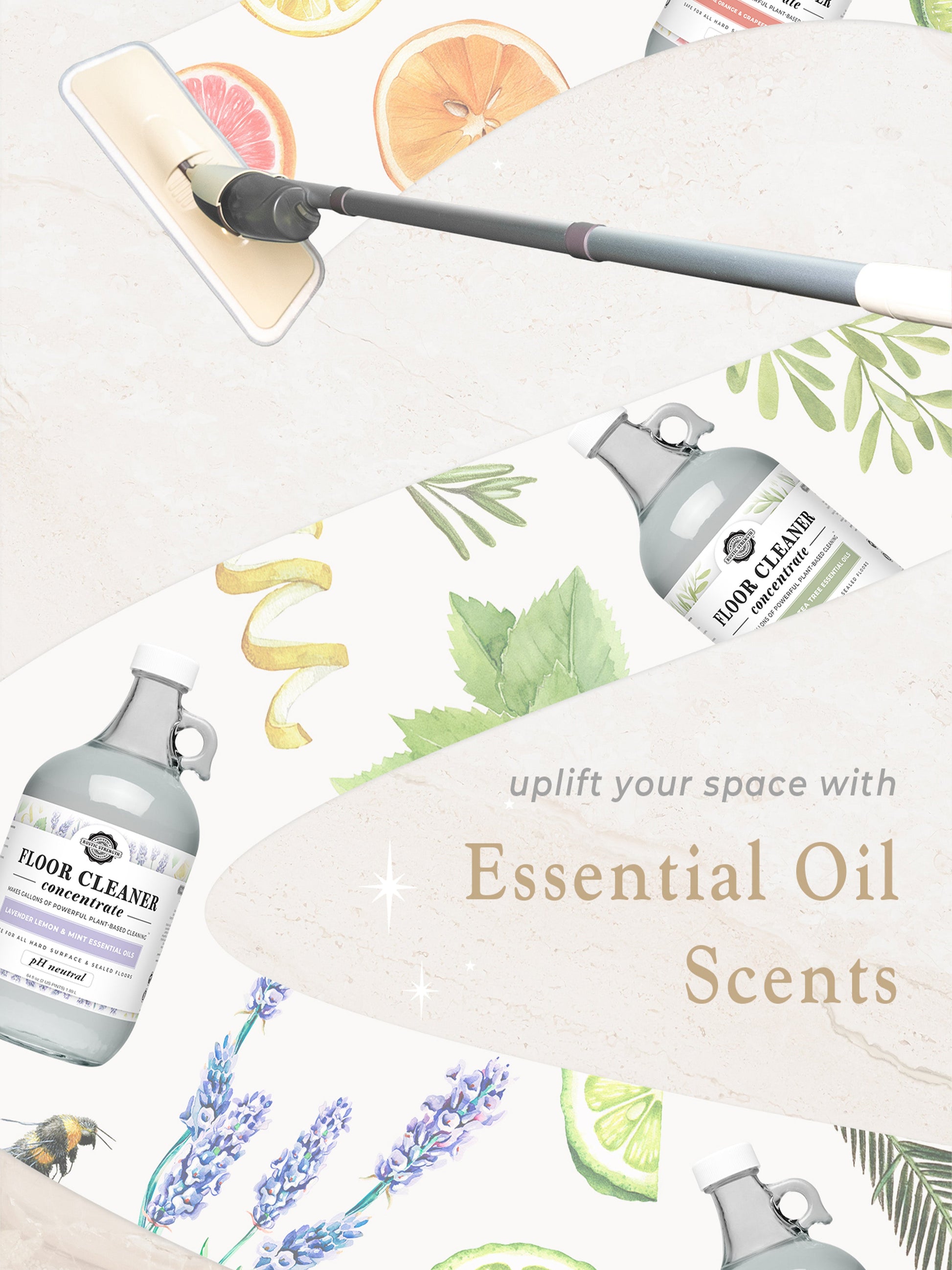 Rustic Strength floor cleaner bottles with essential oil scents on a decorative background with plants and citrus fruits.