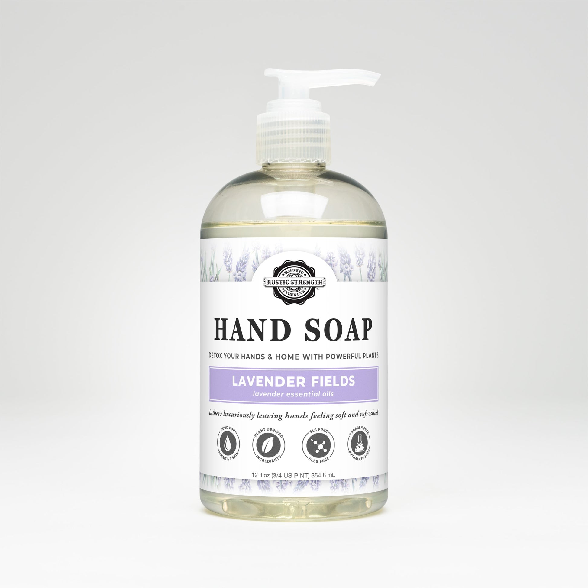 Rustic Strength Lavender Fields Hand Soap bottle on a white background.