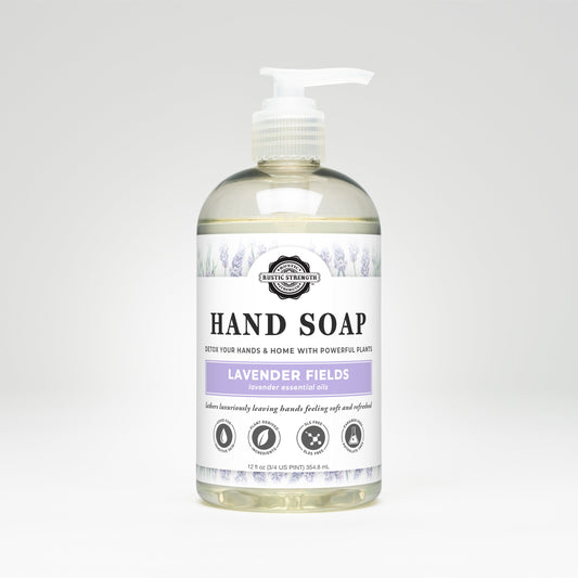 Rustic Strength Lavender Fields Hand Soap bottle on a white background.