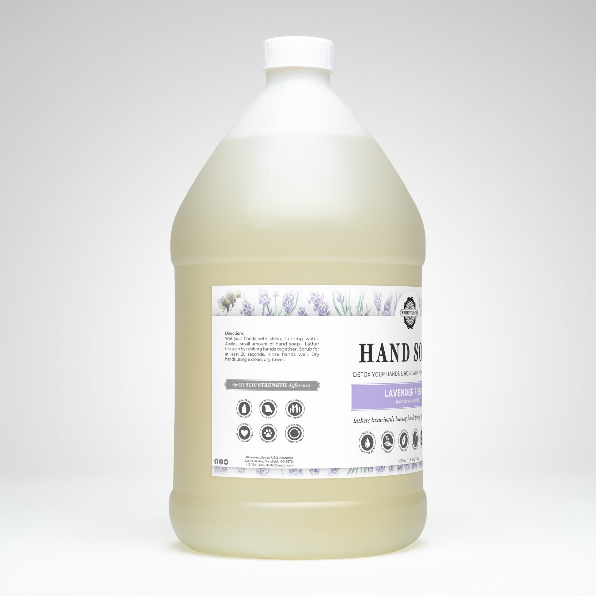 Gallon bottle of Rustic Strength Lavender Fields Hand Soap on a white background