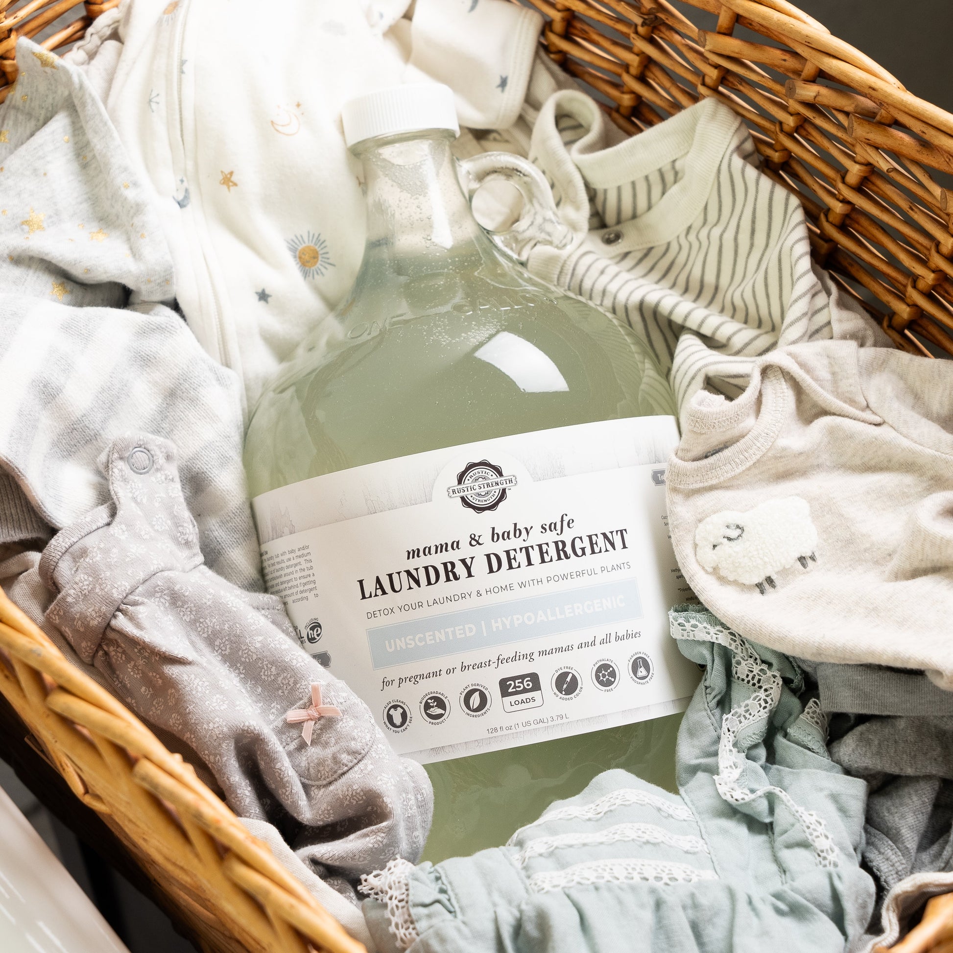 Laundry detergent bottle surrounded by baby clothes in a wicker basket