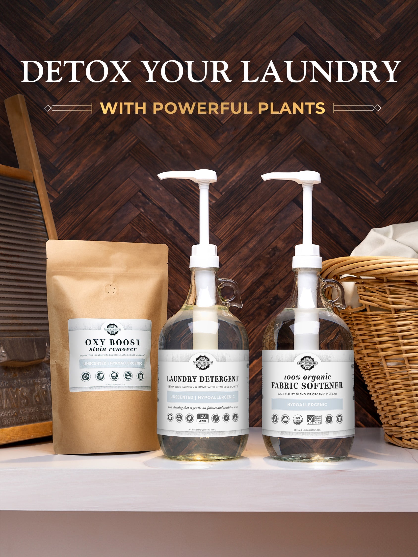 Two bottles of laundry detergent and fabric softener with a bag labeled 'Oxy Boost' on a wooden surface.