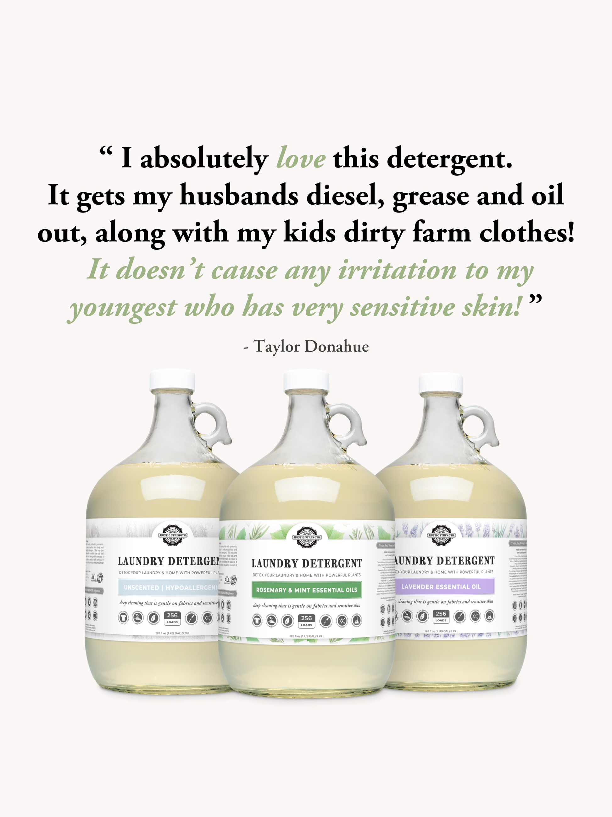 Three bottles of laundry detergent with a customer review on a white background