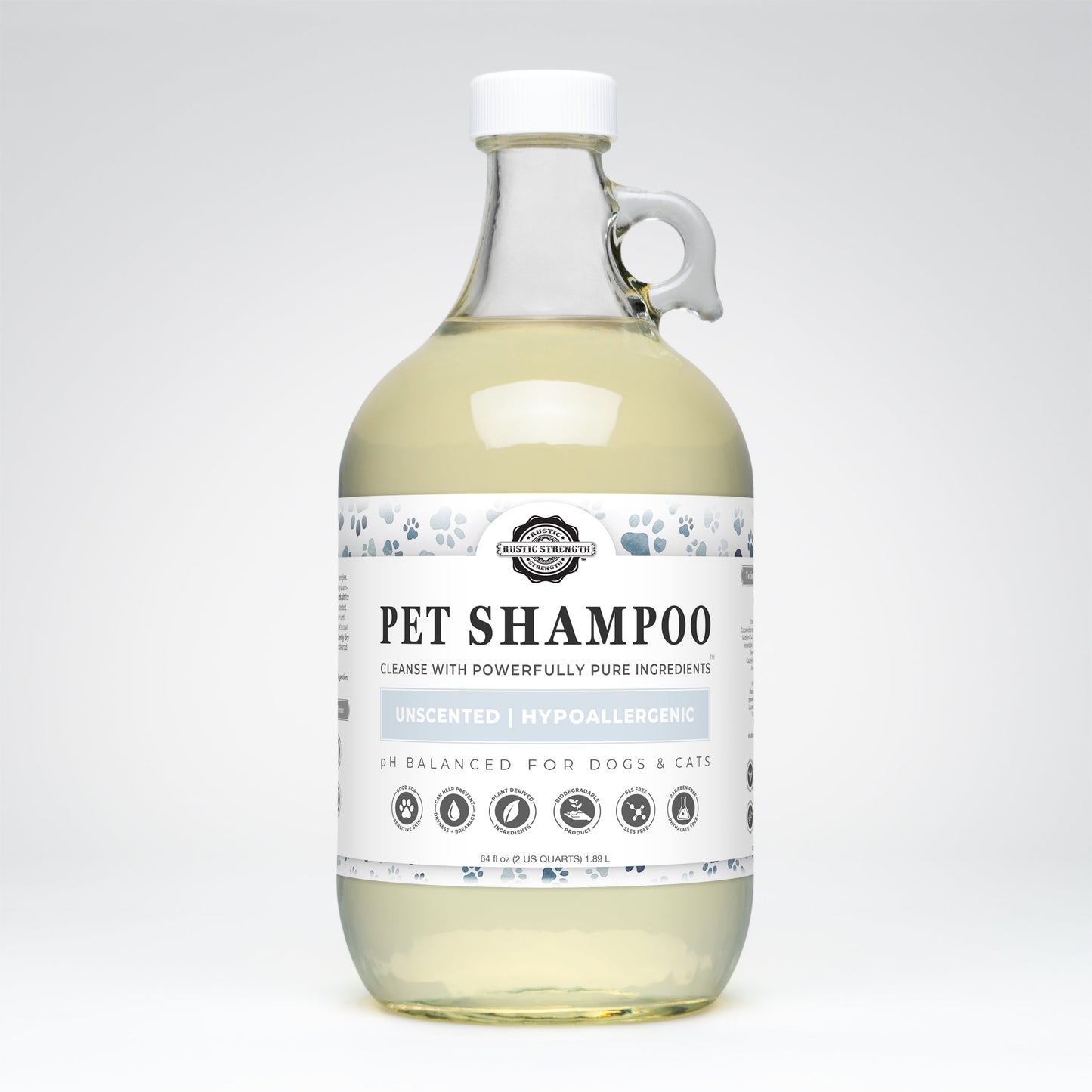 Glass bottle of pet shampoo with a label on a white background