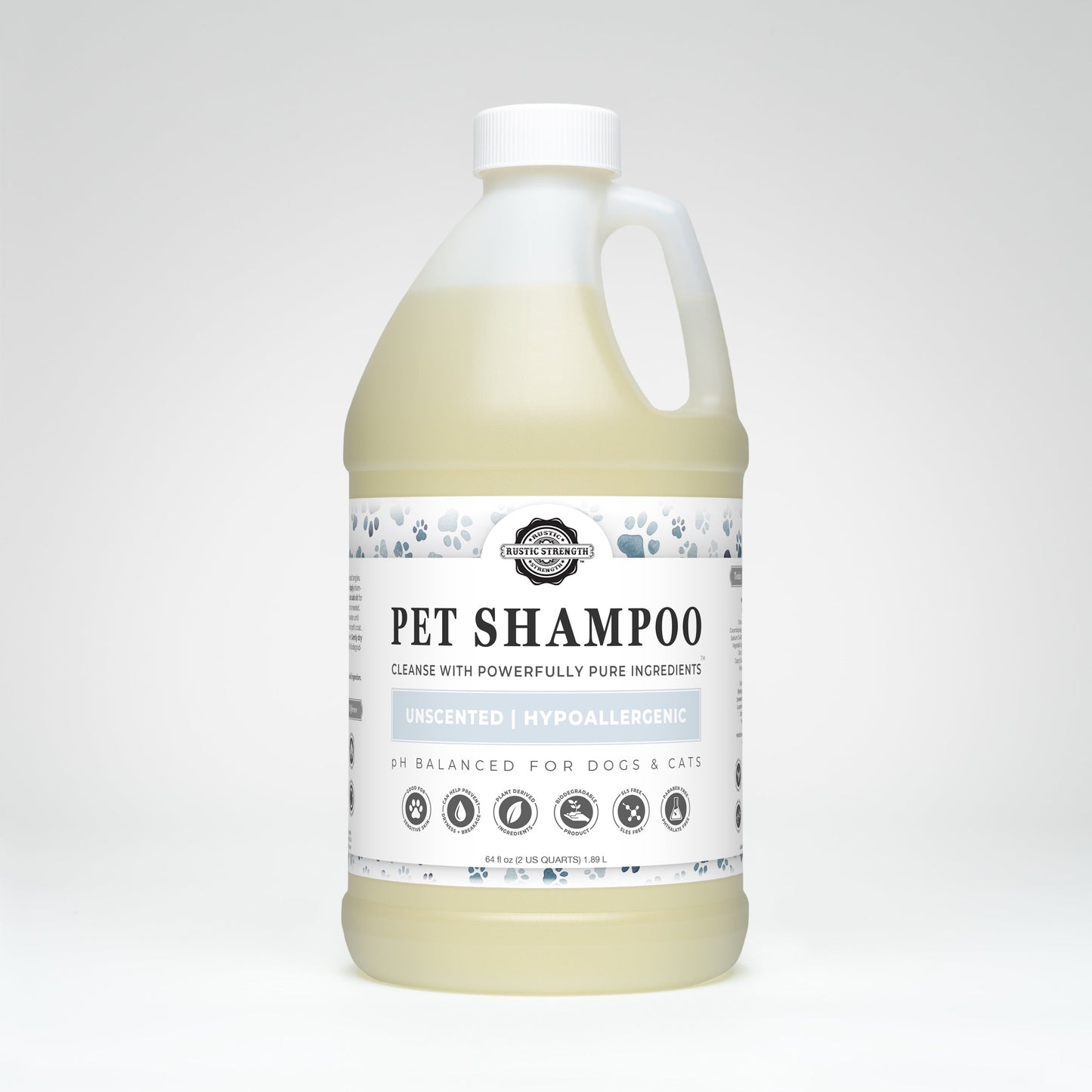 Gallon bottle of pet shampoo with a label on a white background