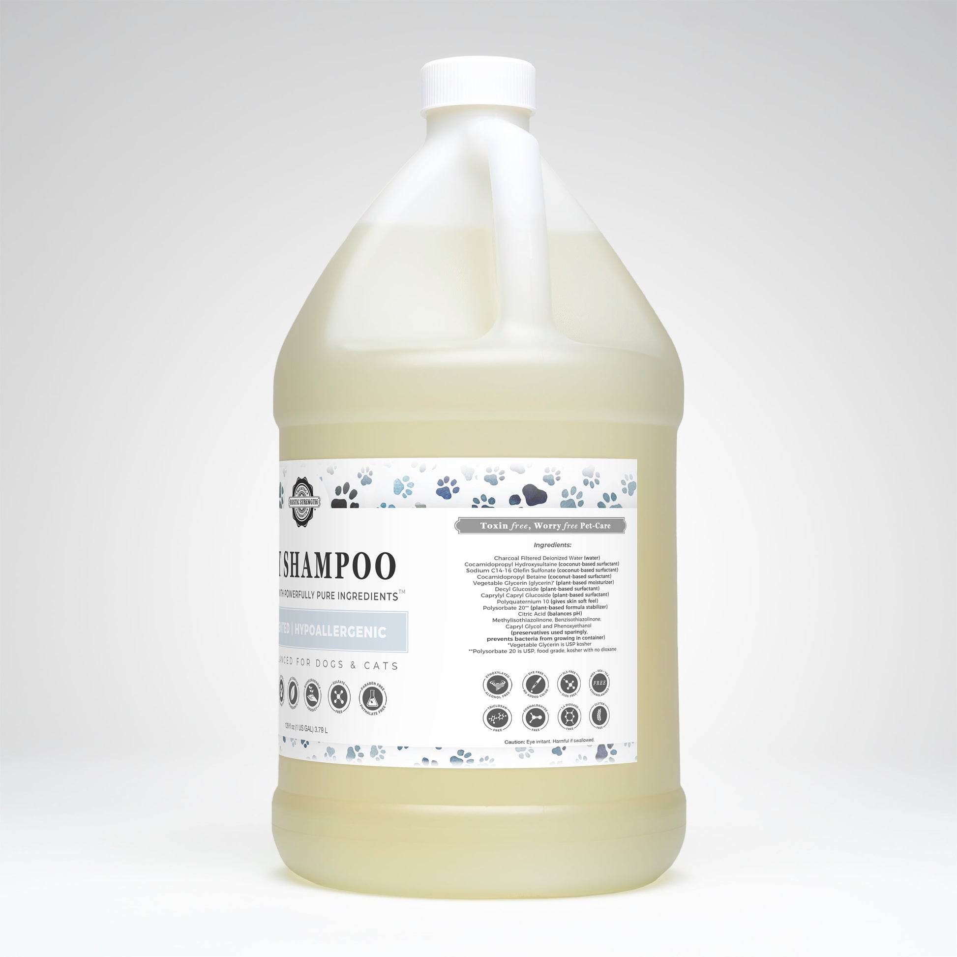 Gallon bottle of dog shampoo with a label on a white background