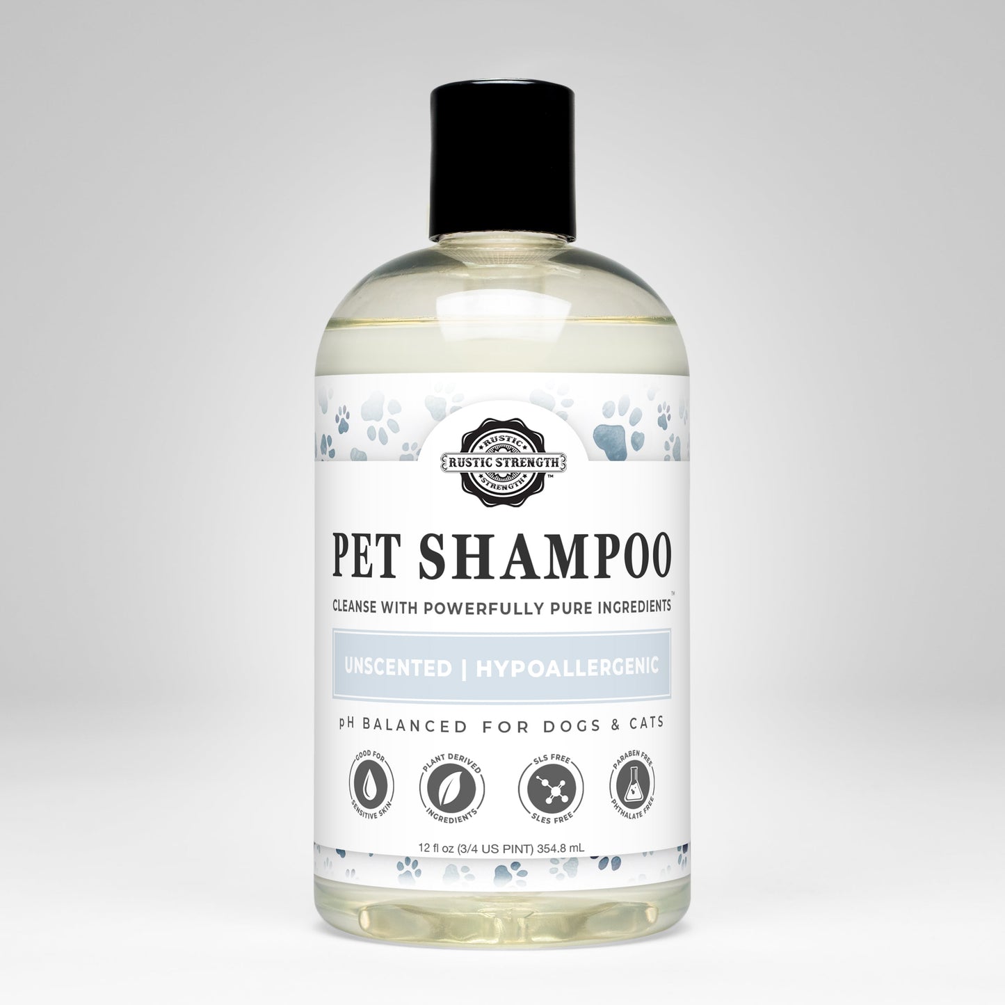 Bottle of pet shampoo with a label on a white background