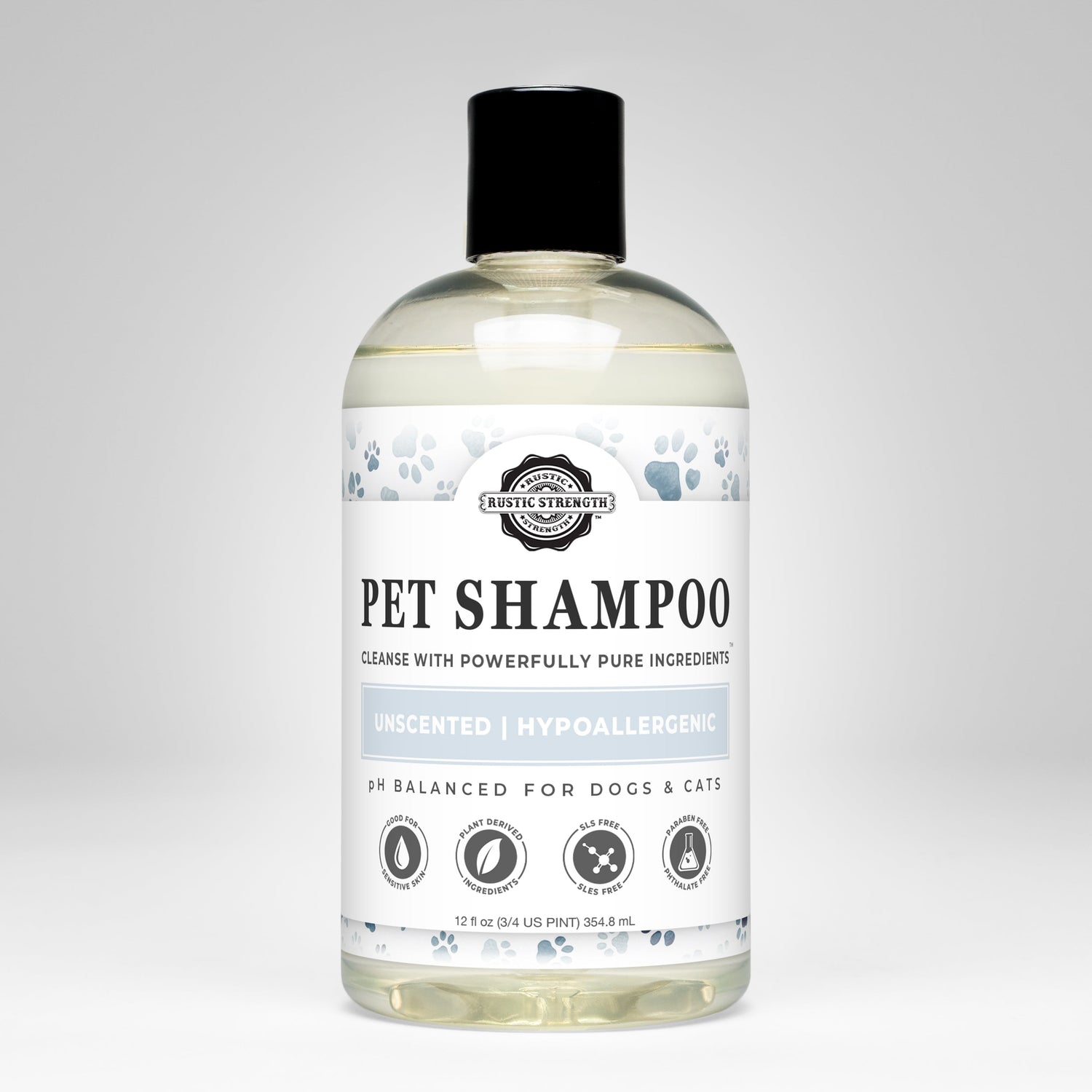 Bottle of pet shampoo with a label on a white background