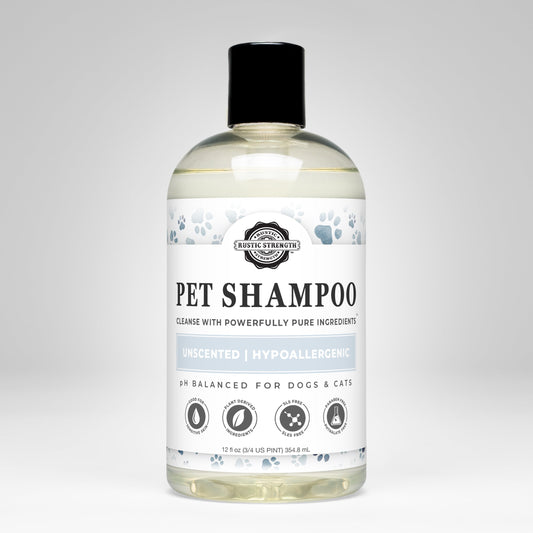 Bottle of pet shampoo with a label on a white background