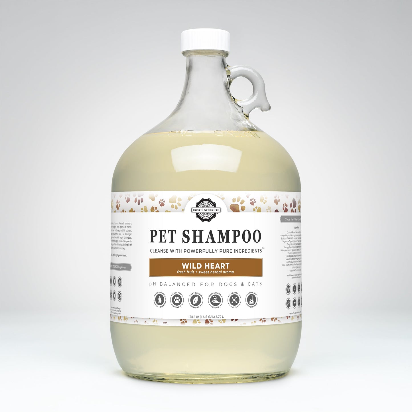Large glass bottle of pet shampoo with a label on a white background